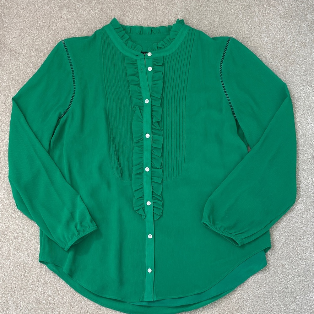 J. Crew Green Pintucked Ruffle Trim Sheer Crepe Button Down Blouse L1741 Medium.